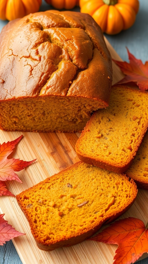 A loaf of pumpkin bread with a slice cut, surrounded by autumn decorations.